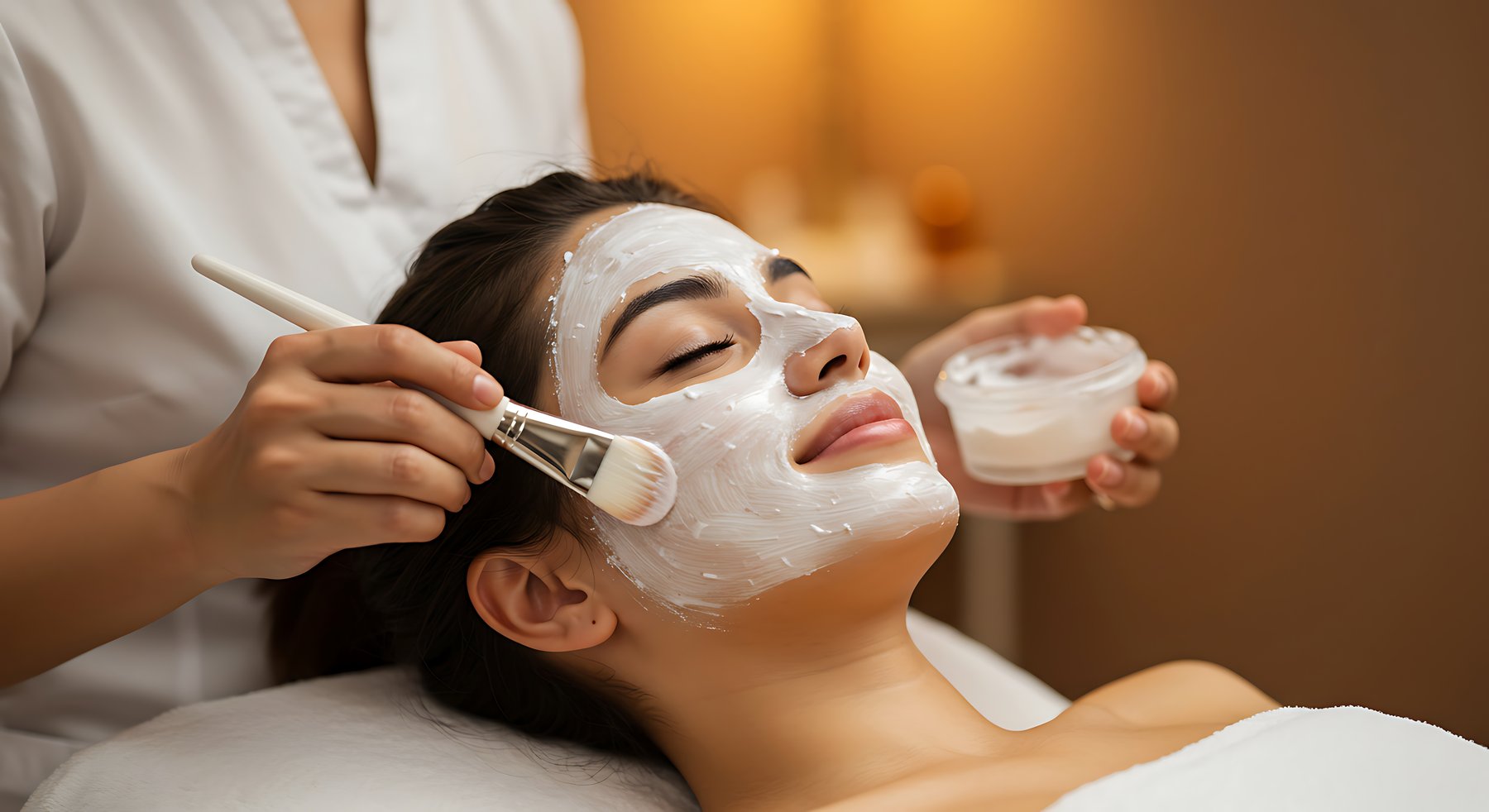 An esthetician brushing a white mask onto a client's face during a facial