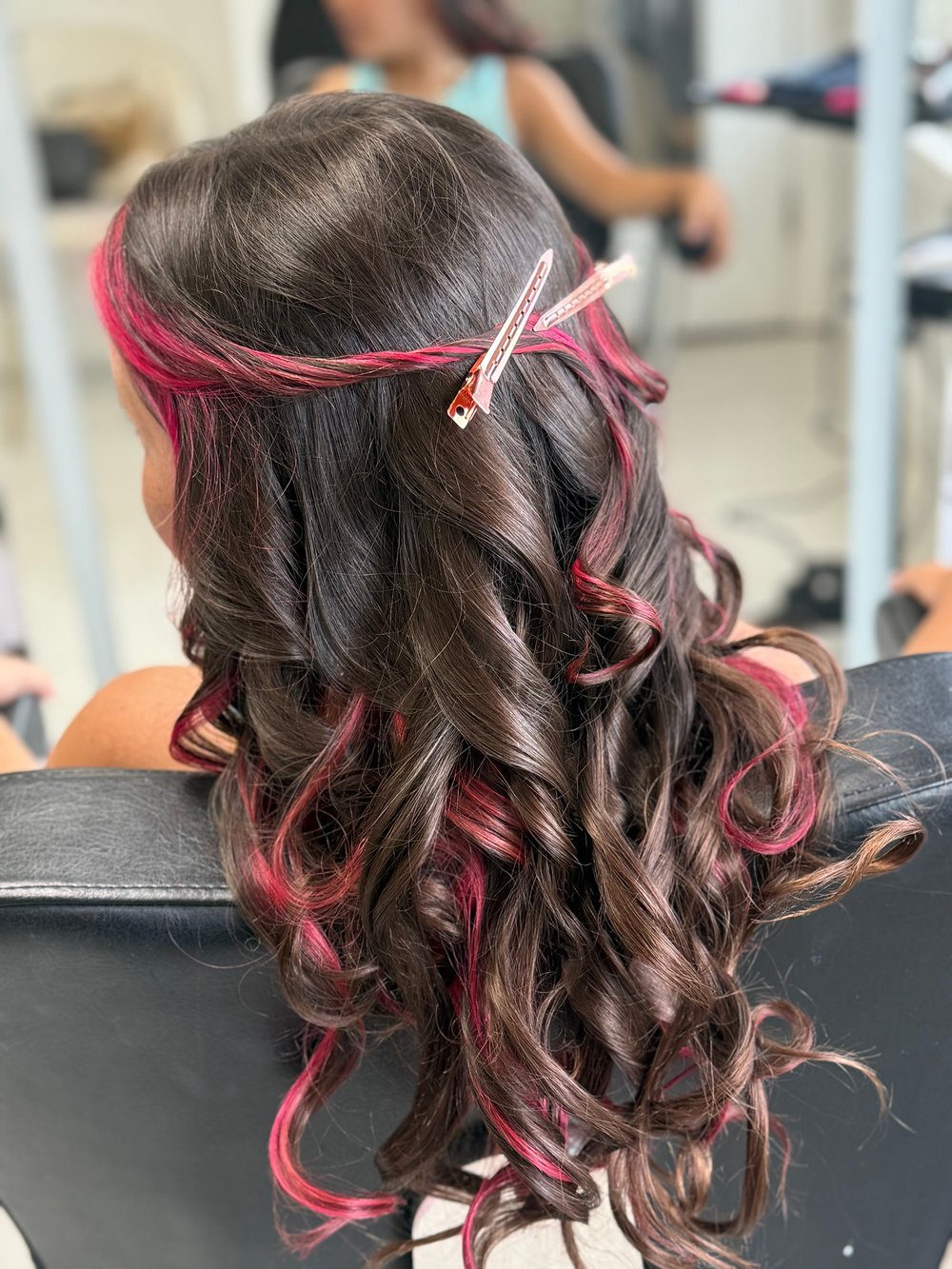 Brunette pink peekaboo curls — Lush Atelier Beauty Salon