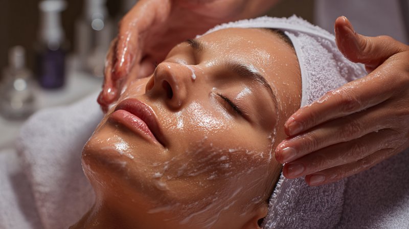 A client with eyes closed during a facial, skin freshly cleansed